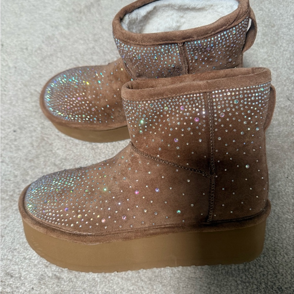 Brown Suede Platform Boots with Rhinestones